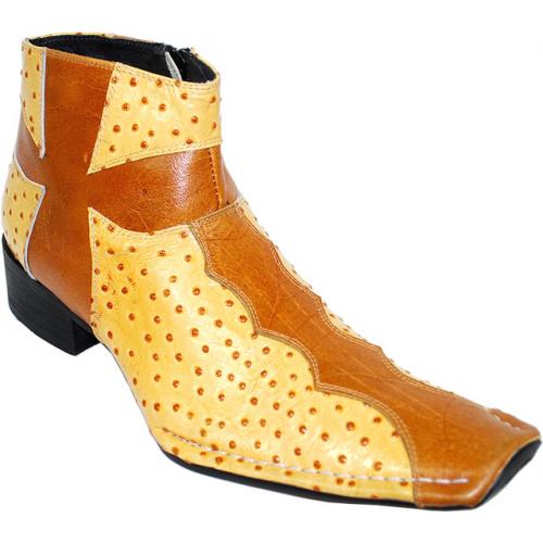 Zota Mustard Gold Ostrich Print Patent Leather Diagonal  Toe Boots With Pull-Up Zipper On The Side G4H316AA/2